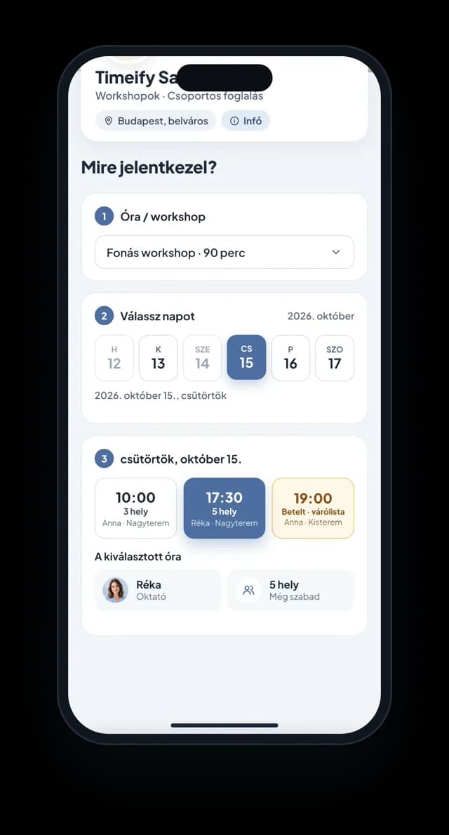 A Timeify foglalási oldala telefonon: csoportos óra, nap és szabad hely kiválasztása, jelentkezés