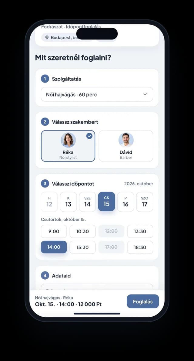 A Timeify foglalási oldala telefonon: szolgáltatás, szakember és időpont kiválasztása